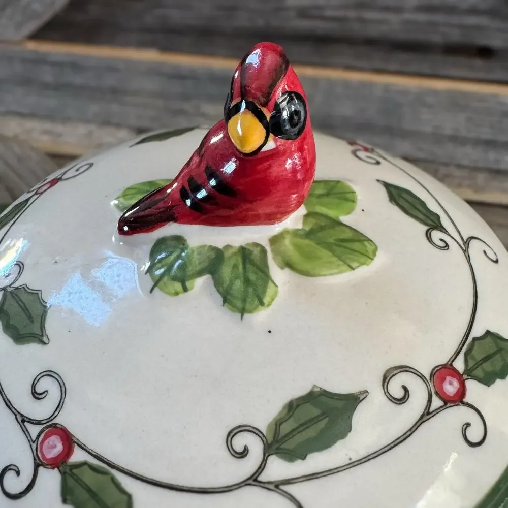 Cardinal & Holly by Temp-Tations by Tara, Ceramic Covered Soup Bowl, 18oz, Disc.